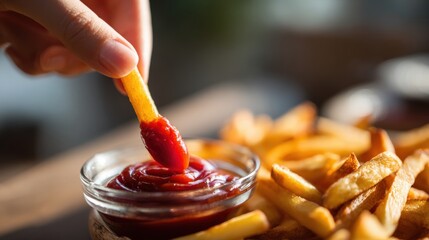 Fries and Sauce: A close-up shot of golden-brown fries being dipped into a small bowl of vibrant red sauce, offering a tantalizing preview of a quick and savory snack.