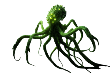 Slimy Green Alien with Tentacles and Multiple Eyes, Angled Three-Quarter View, Transparent Background