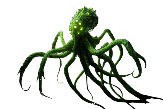 Slimy Green Alien with Tentacles and Multiple Eyes, Angled Three-Quarter View, Transparent Background