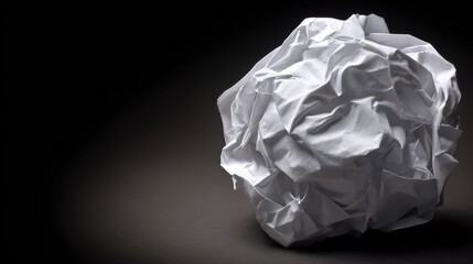 Fototapeta premium Crumpled Paper Ball : a photograph of a crumpled ball of paper sits in front of a dark background with the light casting deep shadows and intricate textures.