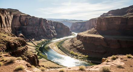 Majestic Canyon Landscape with Winding River and Dramatic Sunlight © miftakhul