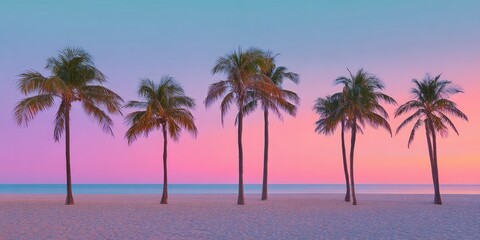 Fototapeta premium Pastel-toned beach scene at sunrise with palm trees