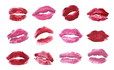 Lipstick kiss prints collection with different lip shapes and shades of pink and red cosmetics. Beauty marks for valentine cards, romantic designs and makeup advertising with glossy texture.