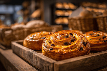 Golden pain aux raisins pastries in warm authentic French bakery