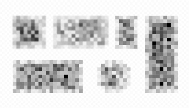 Censor pixel blur effects with gray and black squares for privacy protection or content masking. Digital pixelated patterns for hiding sensitive information, faces or inappropriate material in media.
