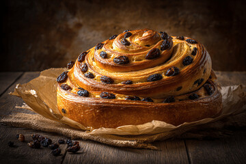 A single golden pain aux raisins pastry in warm authentic French setting
