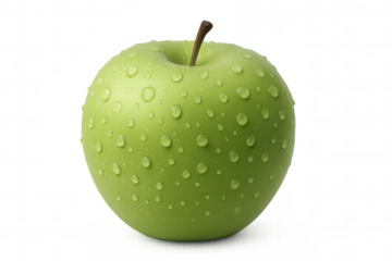 Green apple glistening with water droplets, fresh and crisp against transparent backdrop, symbolizing clean nutrition and culinary creativity