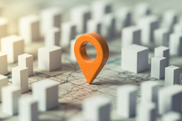 Photo of orange location pin on a map with buildings indicating a city area