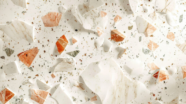 Close up abstract texture of white terrazzo with scattered chips of terracotta and black specks