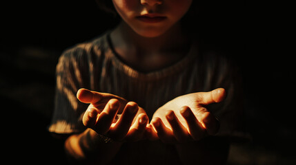 A child's outstretched hands in supplication.