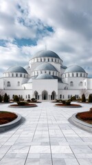 Obraz premium Premium Religious Remembrance Day Mosque Architecture with Formal Gardens and Pathways for Authentic Winter Holiday and Black Friday Marketing Campaigns