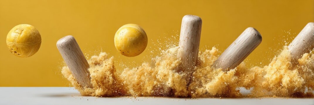 Professional Cricket Ball Striking Wooden Wicket Stumps Mid-Air for Us Bowling League Day, Summer Wellness, and Independence Day Marketing Campaigns