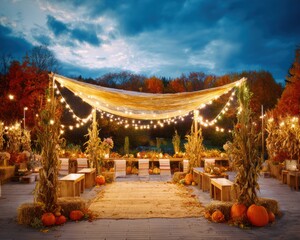Authentic Jewish Sukkah Celebration with Warm String Lights and Autumn Decor, Premium Family-Friendly Fall Festival Marketing Content with Thanksgiving Vibes