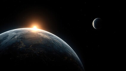 Earth rising, a sunrise view from space, with a distant moon