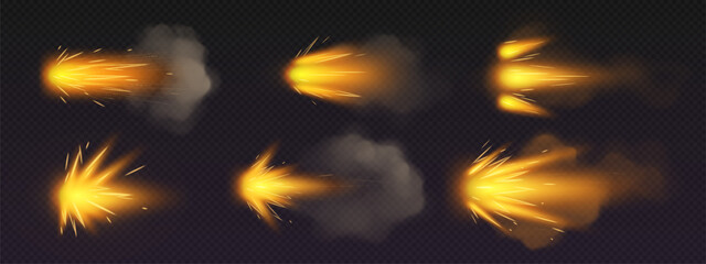Orange fire effects from gun blast with glowing sparks and smoke trails for action scenes. Muzzle flash explosions shoot sideways with bright projectile streaks. Combat visual elements for games
