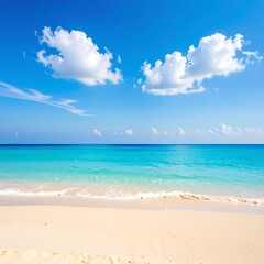 Fototapeta premium Tranquil beach scene with turquoise water, white sand, and fluffy clouds under a vibrant blue sky