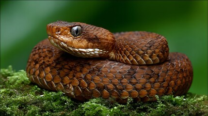 Fototapeta premium Close-up of a coiled snake resting on moss.