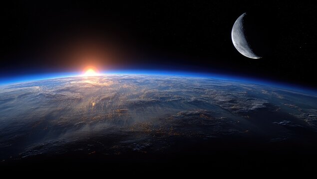 Earthrise, sunrise over planet, crescent moon - Powered by Adobe