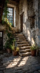 Obraz premium Sunlit stone stairs in a weathered building