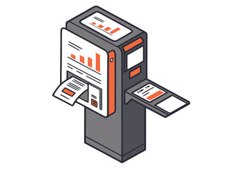 Isometric data checkout machine displays charts and reports. Modern, clean design with orange accents. Ideal for business and technology visuals.
