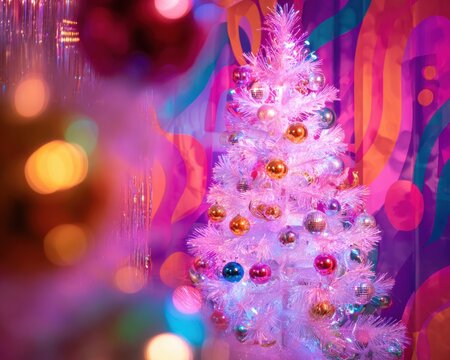 Neon Christmas Tree with Retro Ornaments Premium 90s-Inspired Holiday Decoration for Gen Z Social Media Marketing and Festive Seasonal Campaigns