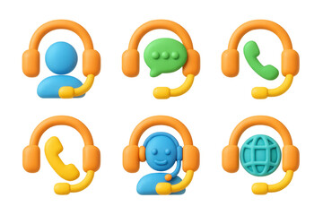Colorful 3d icons of customer support with headsets and communication symbols