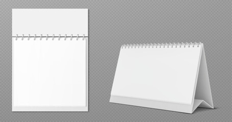 Paper calendar mockup with spiral binding for desk or wall display. Blank white pages stand upright and flip open for monthly schedule. Office stationery templates with various formats and metal rings