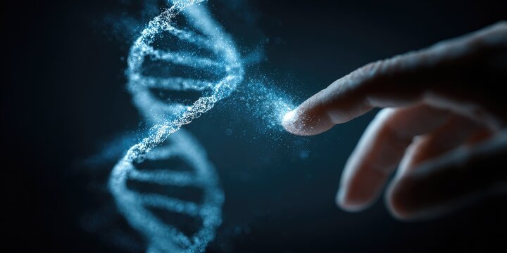 A hand touches a glowing DNA helix
