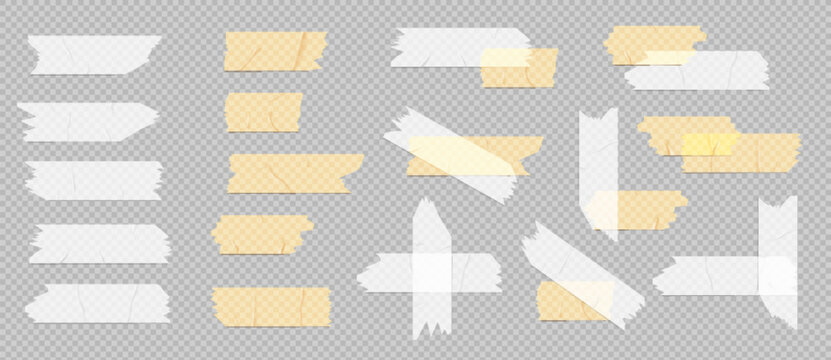 Transparent tape strips with yellow paper pieces for notes and labels. Adhesive pastel rectangles torn or cut for scrapbooking and office organization. Sticky memo collection with rough edges.