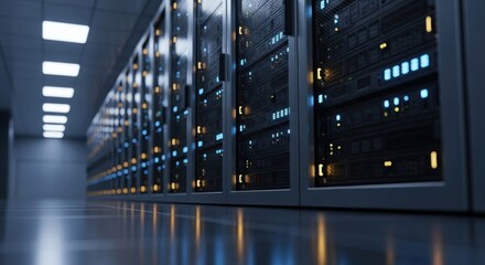Long server room corridor; grey racks with blinking lights