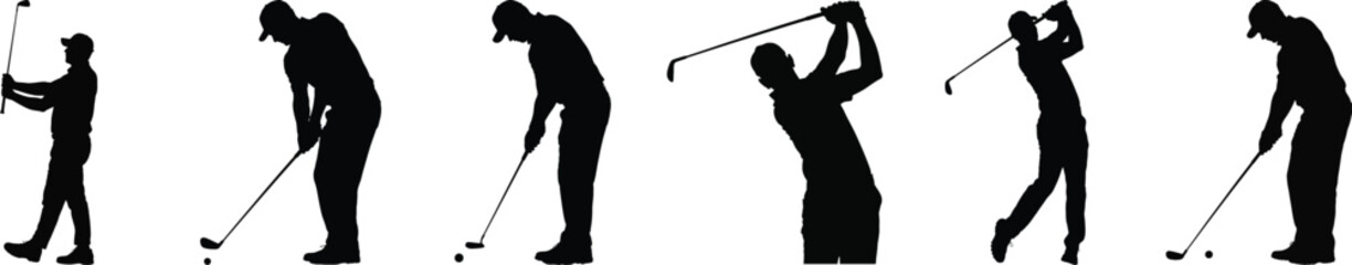 Silhouette vector set of golfer action pose with club, swing, putt and ball, black isolated graphic illustration