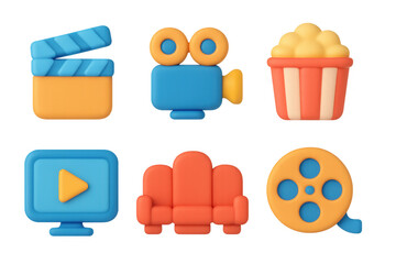 Colorful 3d icons of movie elements for entertainment and media design