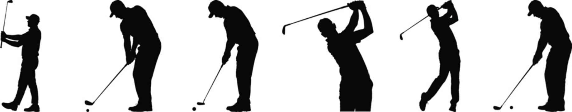 Silhouette vector set of golfer action pose with club, swing, putt and ball, black isolated graphic illustration