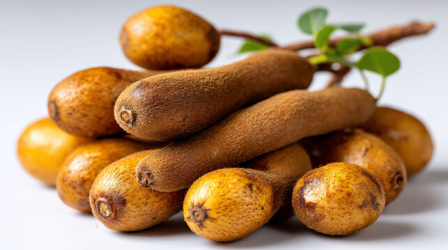 Tamarind pods nestle near golden imbu fruit