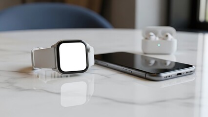 Fototapeta premium A stylish square smartwatch with a blank screen sits on a marble table alongside a smartphone and wireless earbuds, creating a modern tech lifestyle display.