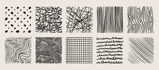Crosshatch texture patterns set with wood grain, waves and grids, scribbles, strokes and spirals for artistic designs. Hand drawn backgrounds with various geometric shapes and lines.