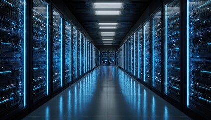 Dark server room, lit by blue light