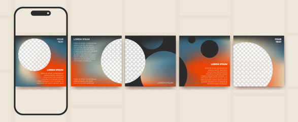 Modern carousel social media post templates with flowing abstract shapes and gradient overlays. Mobile mockup with swipeable cards with geometric forms and text placeholders for content creators.