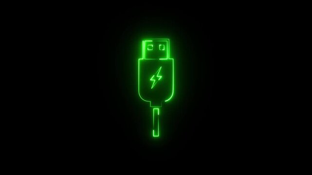 usb cable computer neon glowing light icon animation on black background .4k HD motion video animation .