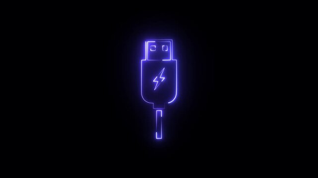 usb cable computer neon glowing light icon animation on black background .4k HD motion video animation .
