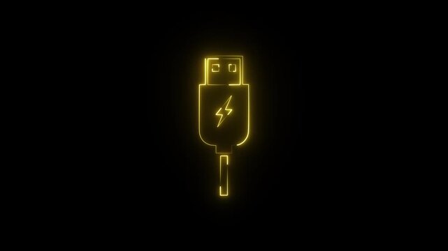 usb cable computer neon glowing light icon animation on black background .4k HD motion video animation .