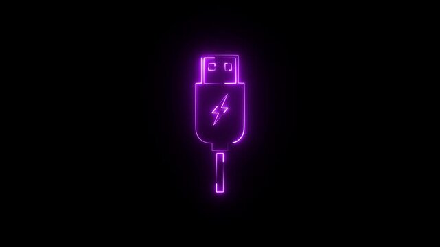 usb cable computer neon glowing light icon animation on black background .4k HD motion video animation .