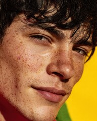 Obraz premium Modern Close-Up Portrait of Young Man with Freckles and Natural Skin Texture Authentic High-Quality Lifestyle Content for Social Media and Branding Campaigns