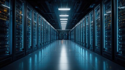Server racks line a futuristic server room