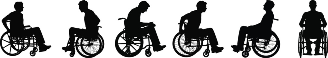 Silhouette vector set of man in wheelchair moving, resting and turning, black isolated disability mobility concept