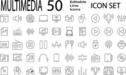 Multimedia Line Editable Icons set. Multimedia icons Pixel perfect. Containing photo, video, music, audiovisual equipment, and more. Editable stroke. Vector illustration