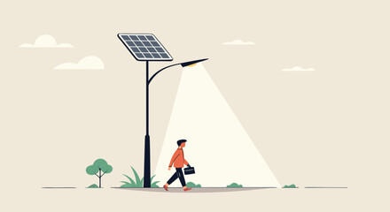 A lone figure in a red shirt walks under a solar-powered streetlight on a minimalist landscape illustrating sustainability.