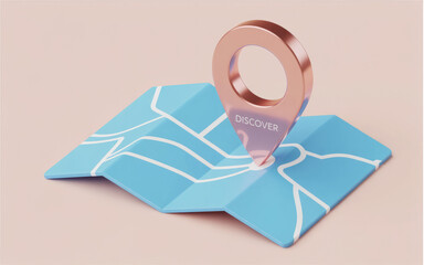 Photo of a blue map with a rose gold pin indicating a location for travel or tourism