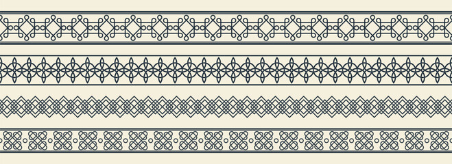 Celtic irish knot border patterns with repeating geometric interlaced designs for decorative frames and dividers. Traditional ornamental strips with endless loops, diamonds and crosses for textile