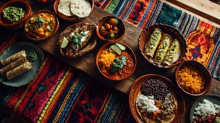 Authentic mexican food spread delicious dishes on wooden table top view culinary photography and vibrant textile